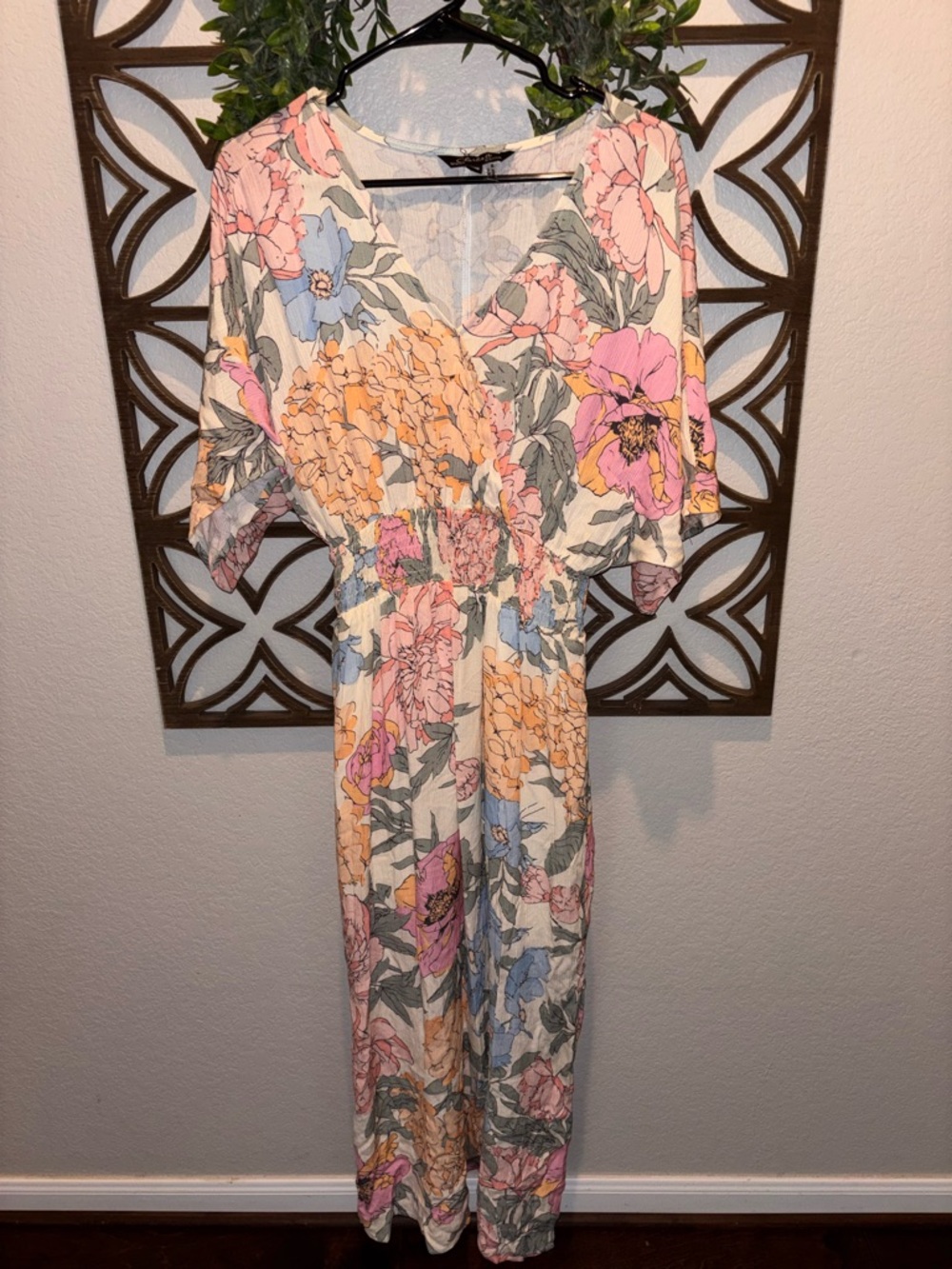 Charlie B. Floral V-Neck Maxi Dress Dahlia Dolman sleeves/side slits Size M NWOT
